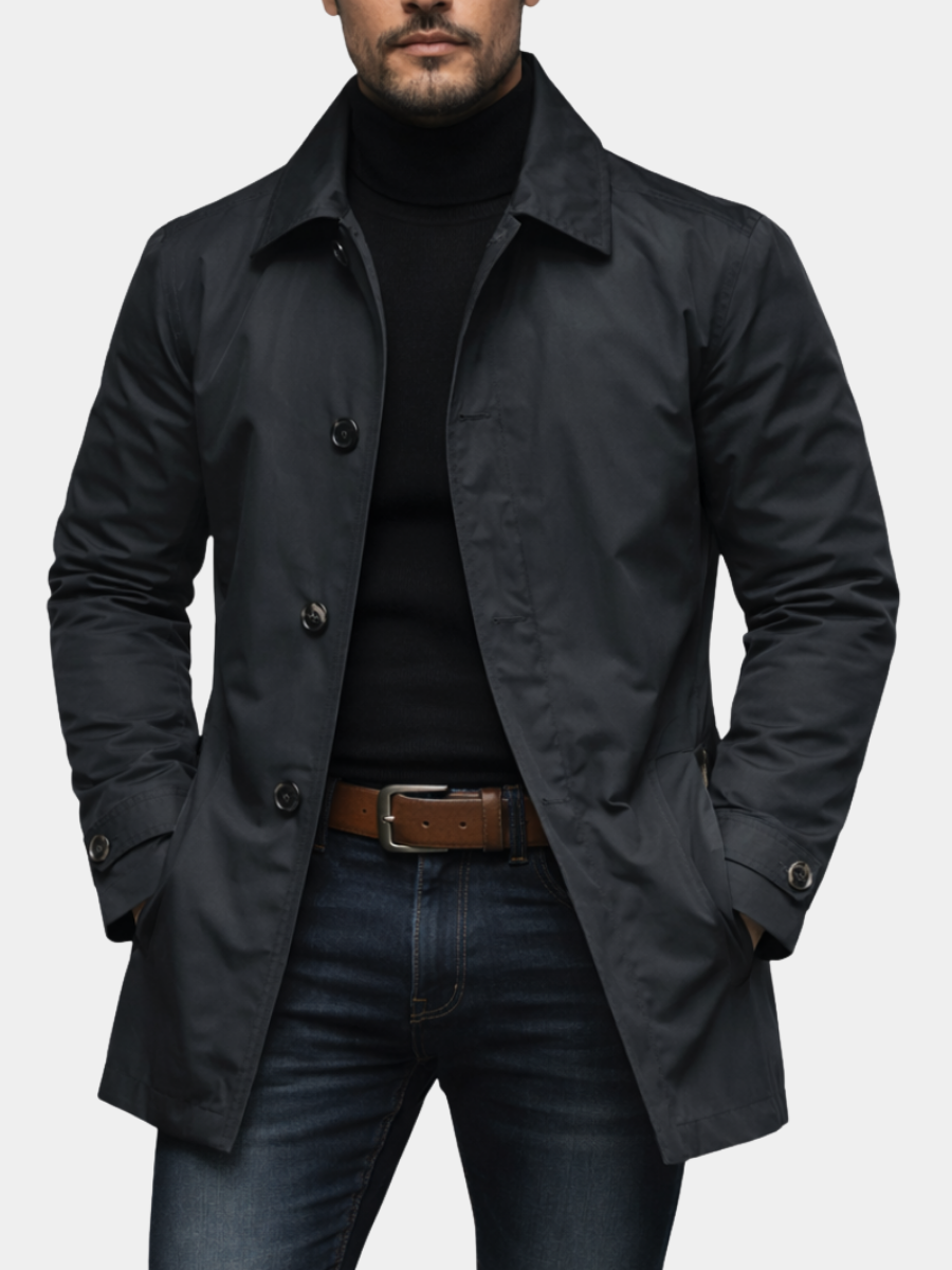 Black weather-resistant quilted coat with insulated lining for men