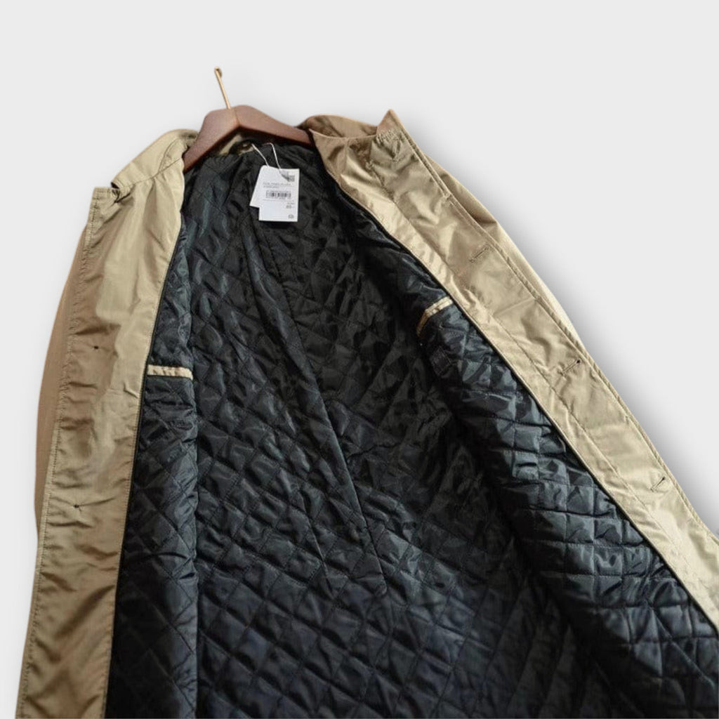 Beige weather-resistant quilted coat with insulated lining for men