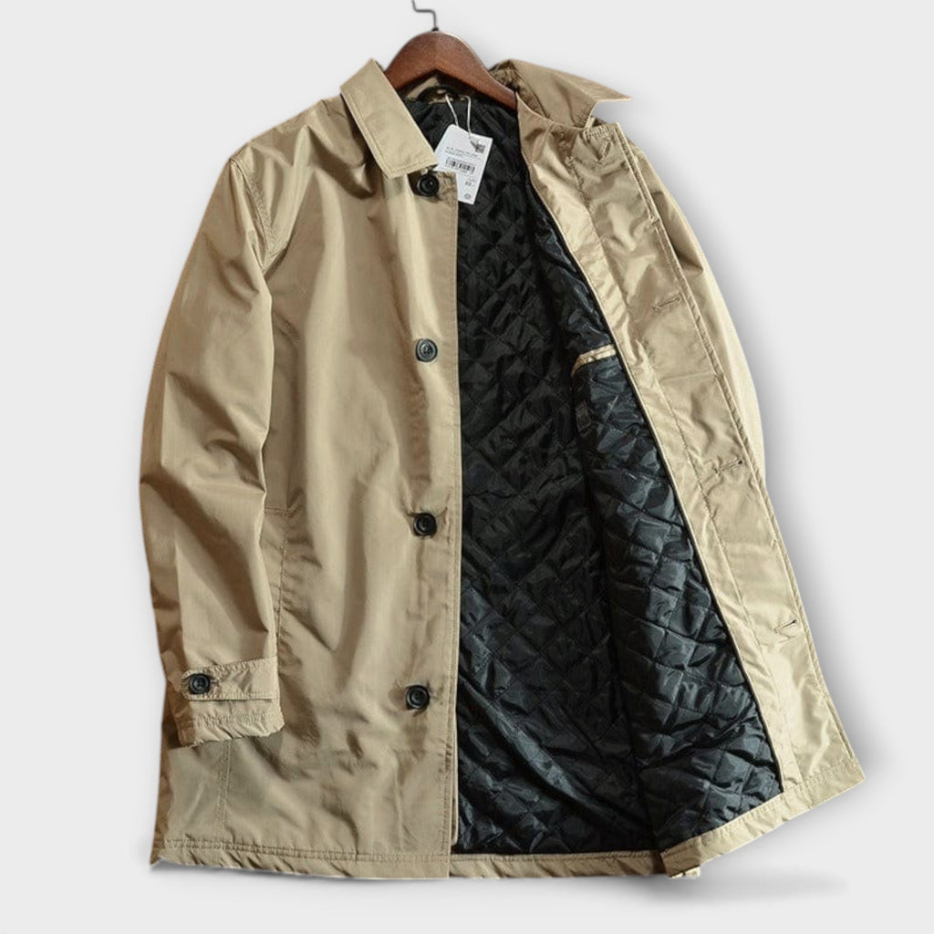 Beige weather-resistant quilted coat with insulated lining for men