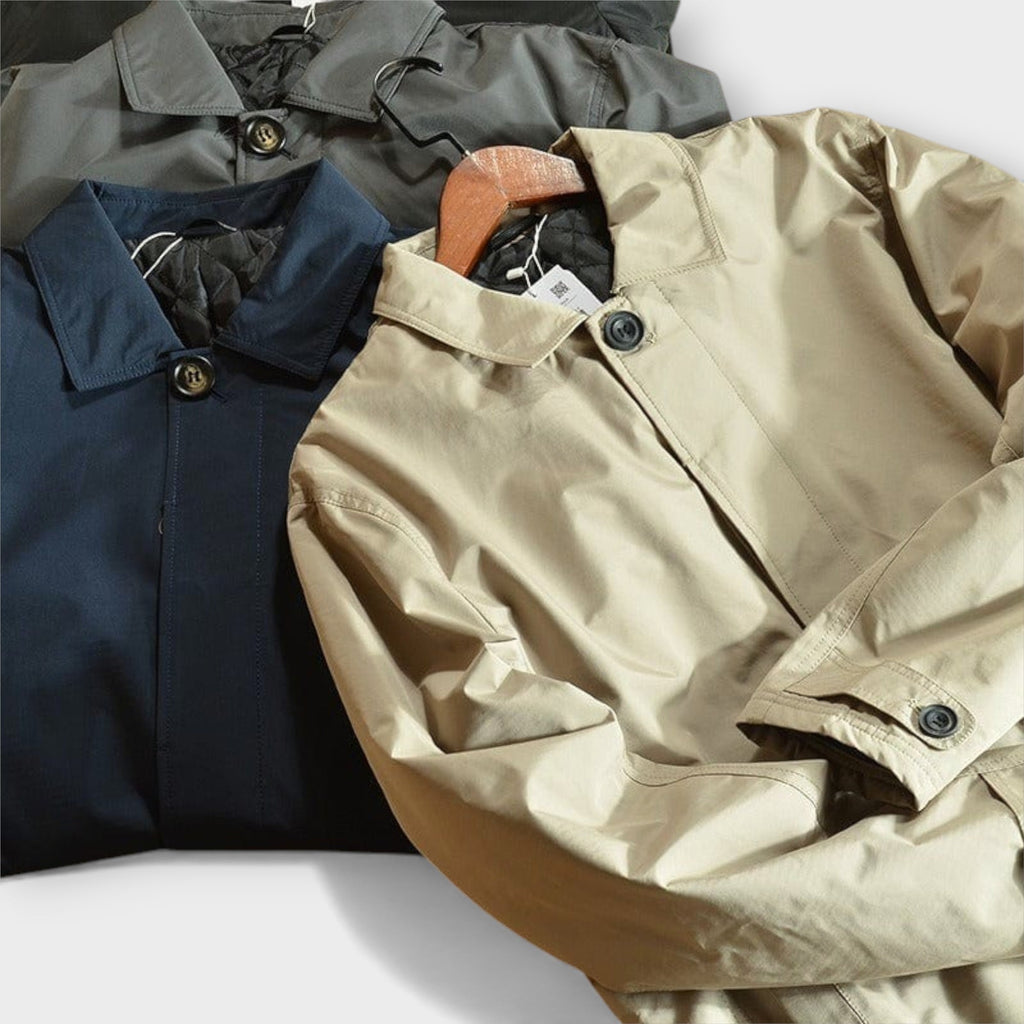 Beige weather-resistant quilted coat with insulated lining for men