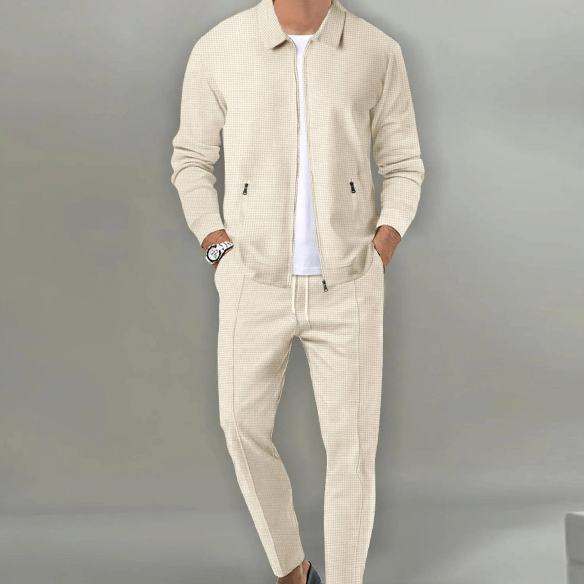 Men's slim-fit zip-up tracksuit in beige with a drawstring waist