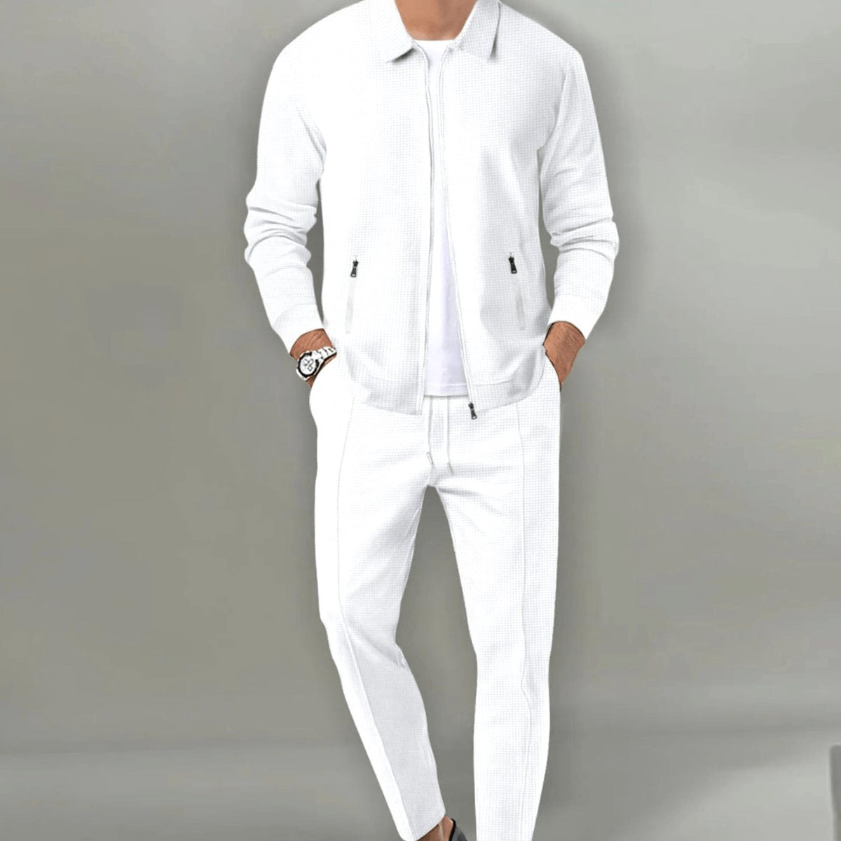 Men's slim-fit zip-up tracksuit in white with waffle texture