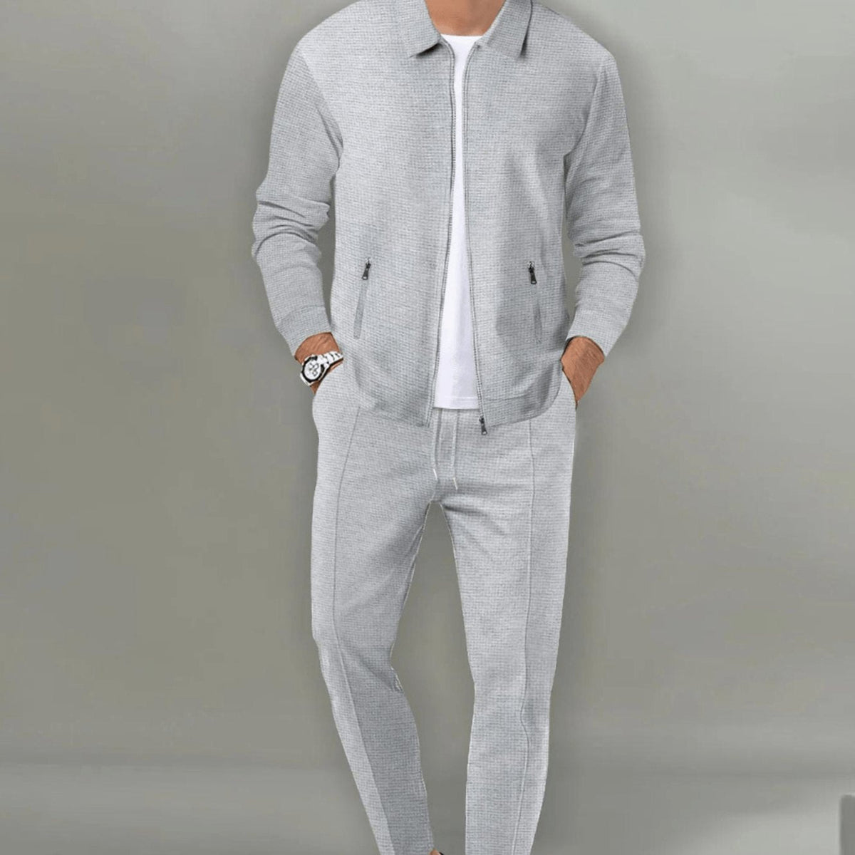 Men's slim-fit zip-up tracksuit in grey with a drawstring waist