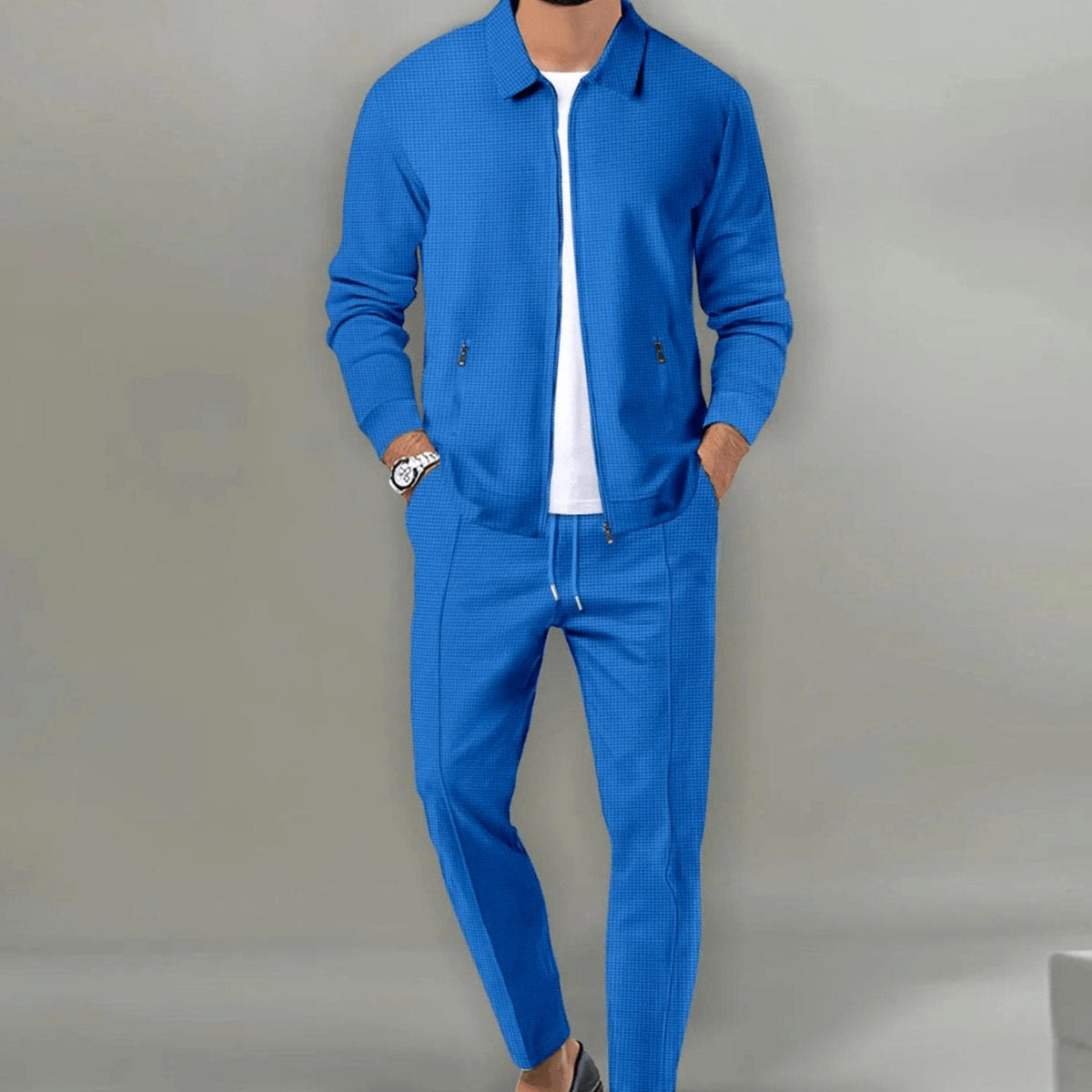 Men's slim-fit zip-up tracksuit in blue with a drawstring waist