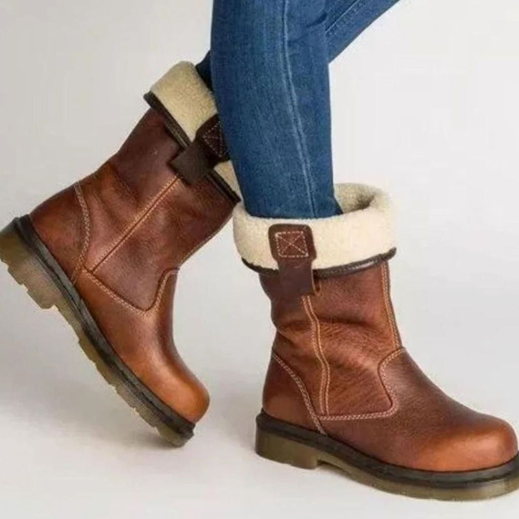 Brown Fleece-lined leather mid-calf winter boots, product photo