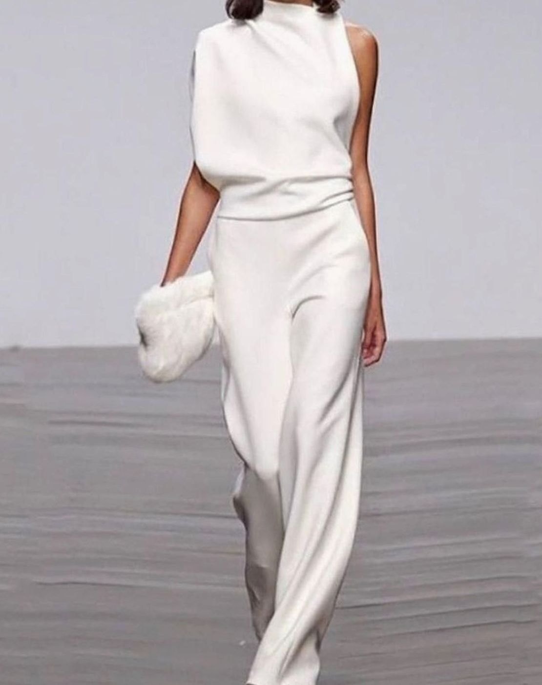 White asymmetric shoulder wide-leg evening jumpsuit for women