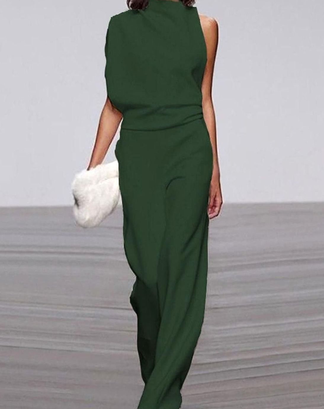 Green asymmetric shoulder wide-leg evening jumpsuit for women