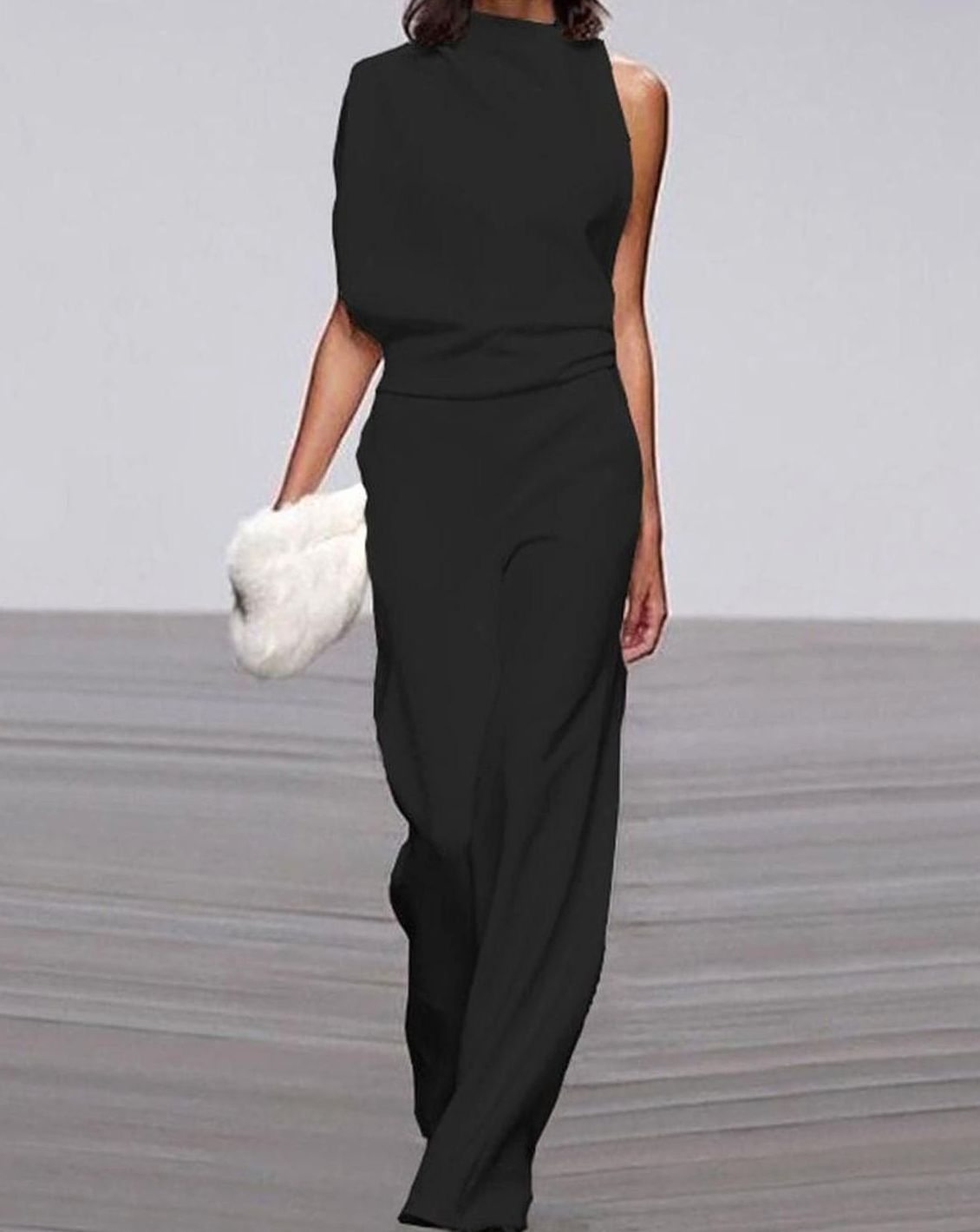 Black asymmetric shoulder wide-leg evening jumpsuit for women