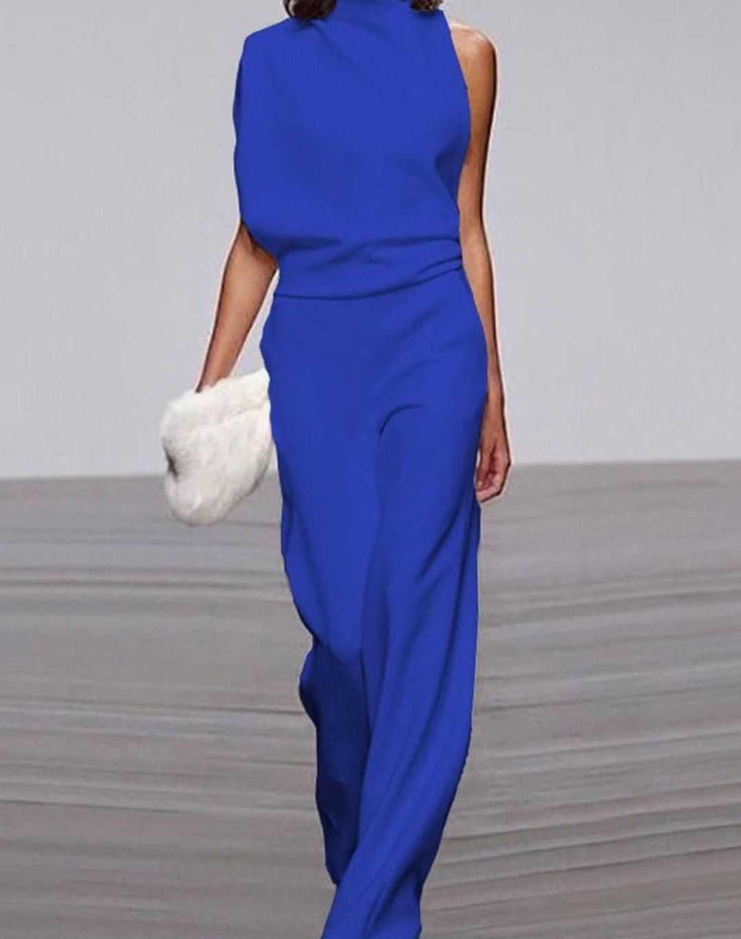 Blue asymmetric shoulder wide-leg evening jumpsuit for women