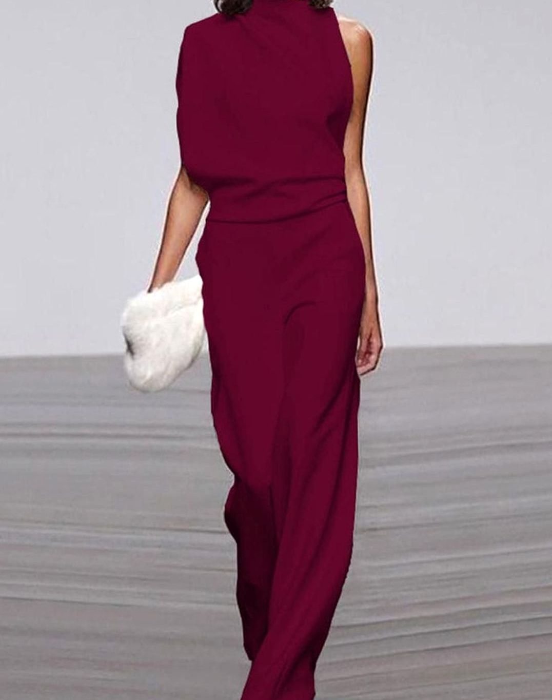 Dark red asymmetric shoulder wide-leg evening jumpsuit for women