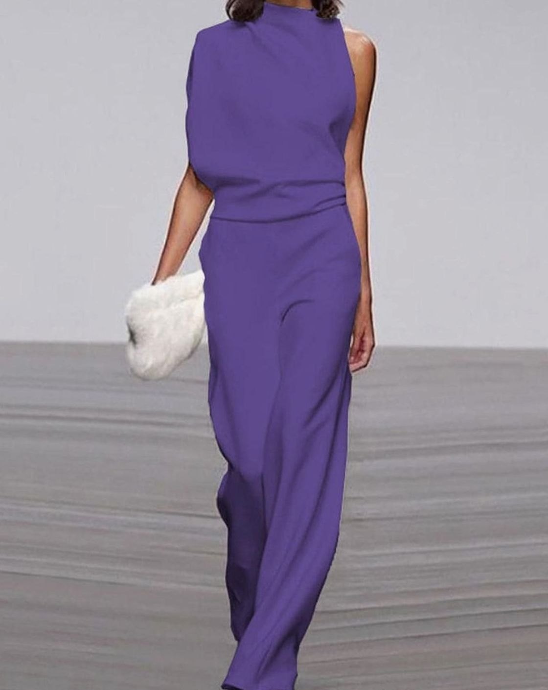 Purple asymmetric shoulder wide-leg evening jumpsuit for women