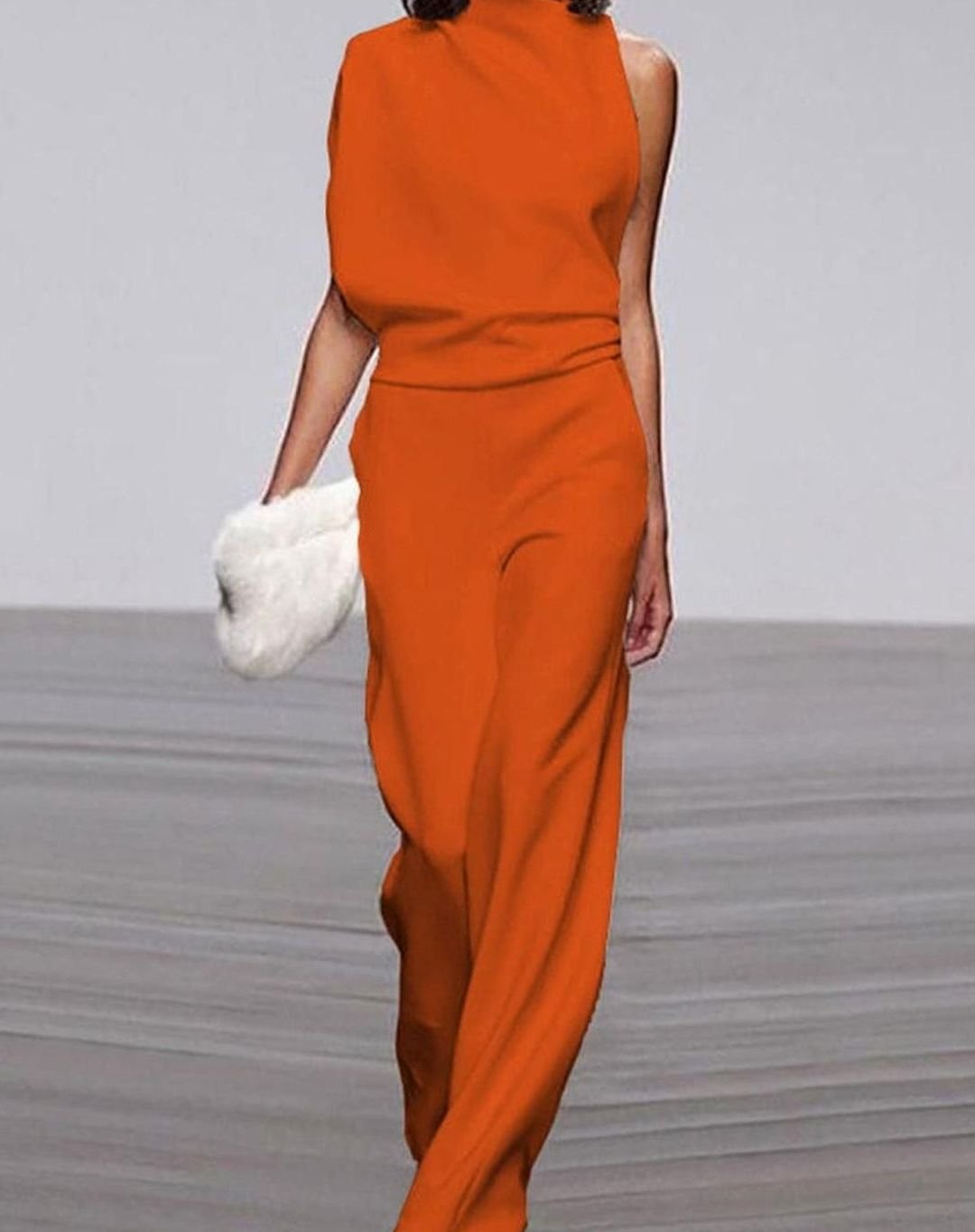 Orange asymmetric shoulder wide-leg evening jumpsuit for women