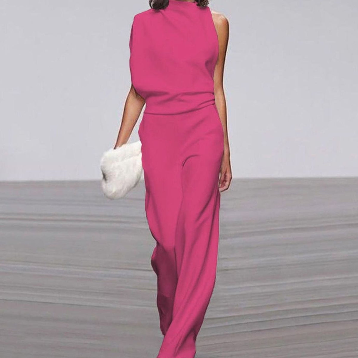 Fuchsia asymmetric shoulder wide-leg evening jumpsuit for women