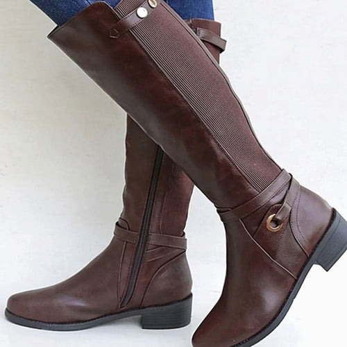 Brown Elastic panel leather knee-high boots