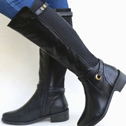 Black Elastic panel leather knee-high boots