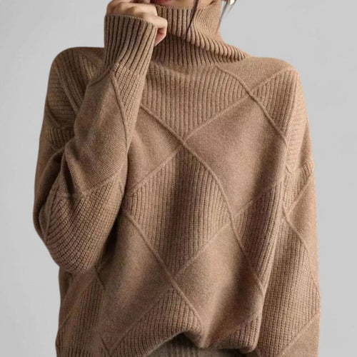 Camel oversized diamond-knit turtleneck jumper, warm autumn knit staple.