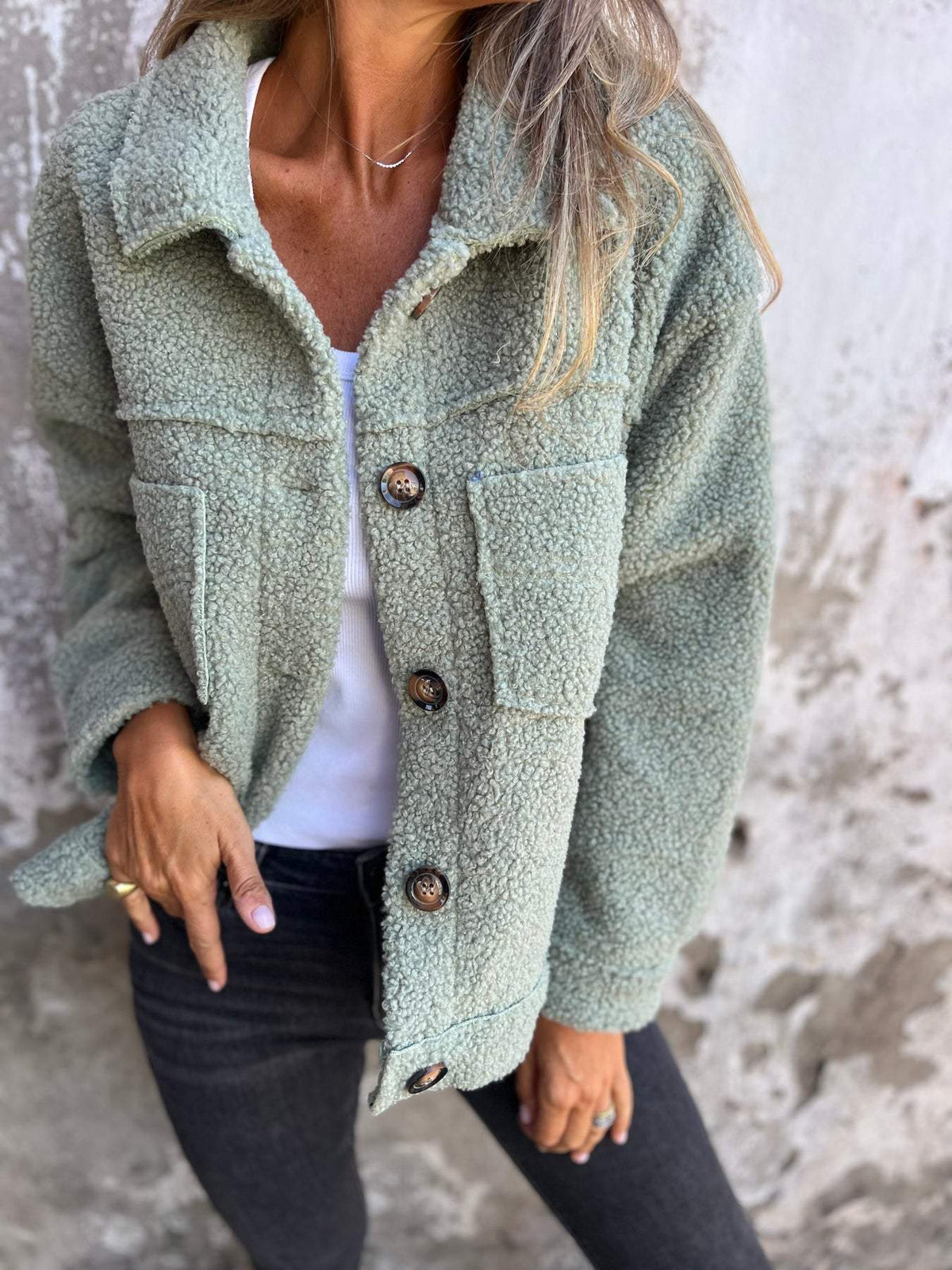 Green Casual winter fleece jacket with sherpa coat