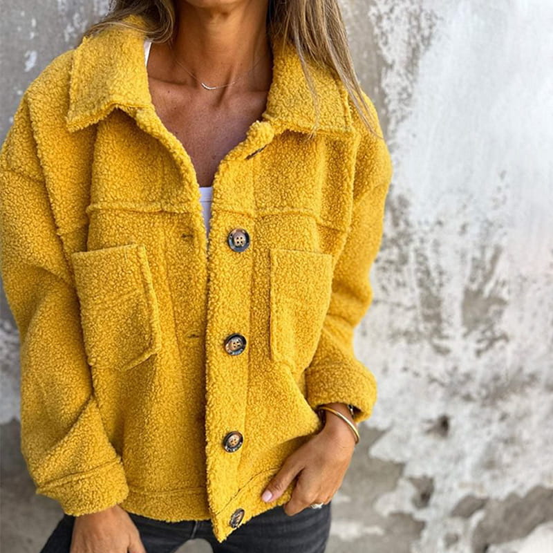 Yellow Casual winter fleece jacket with sherpa coat
