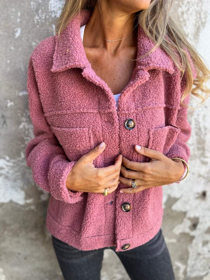 Pink Casual winter fleece jacket with sherpa coat