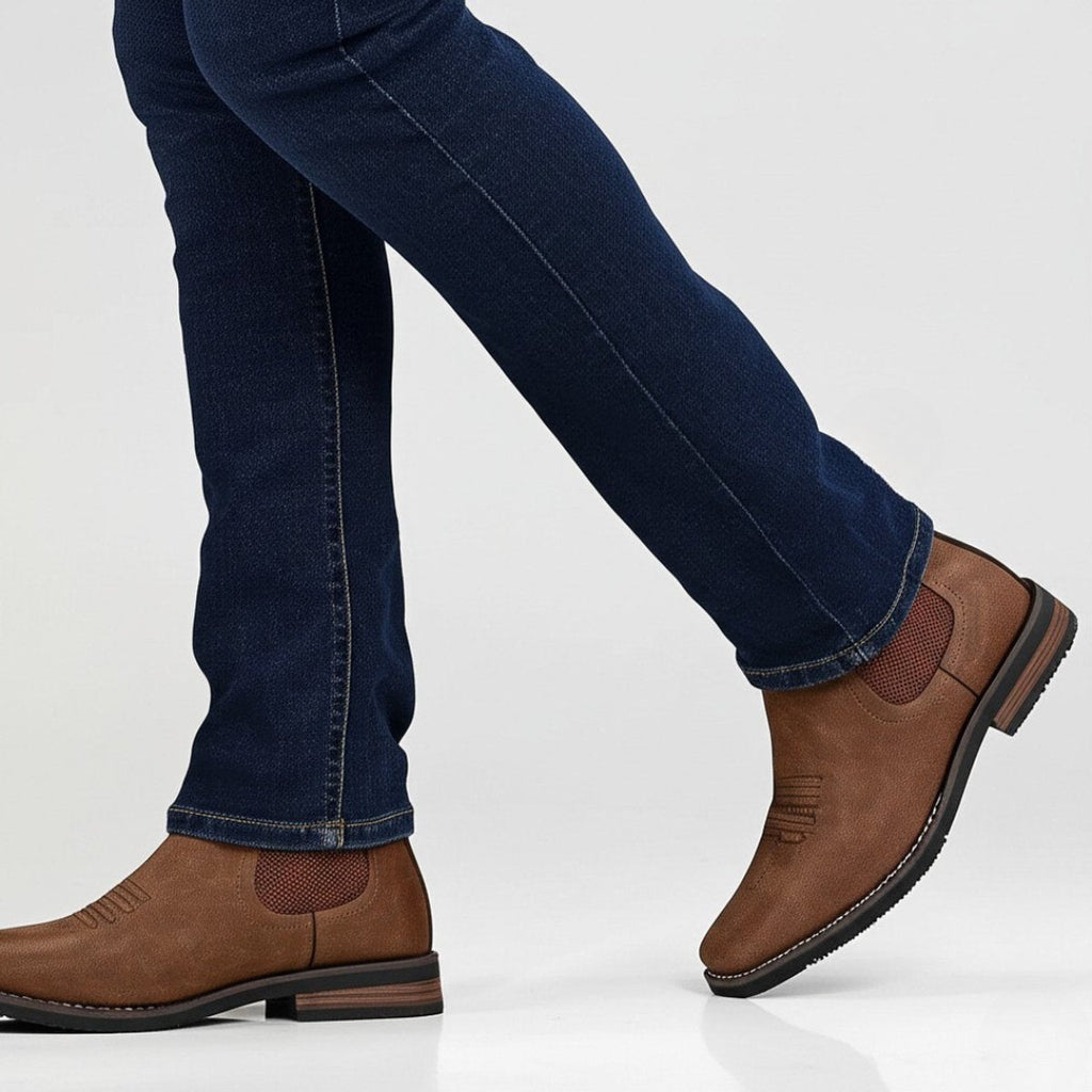 Chestnut Brown Slip-on western stitch faux leather chelsea boots, styled product photo