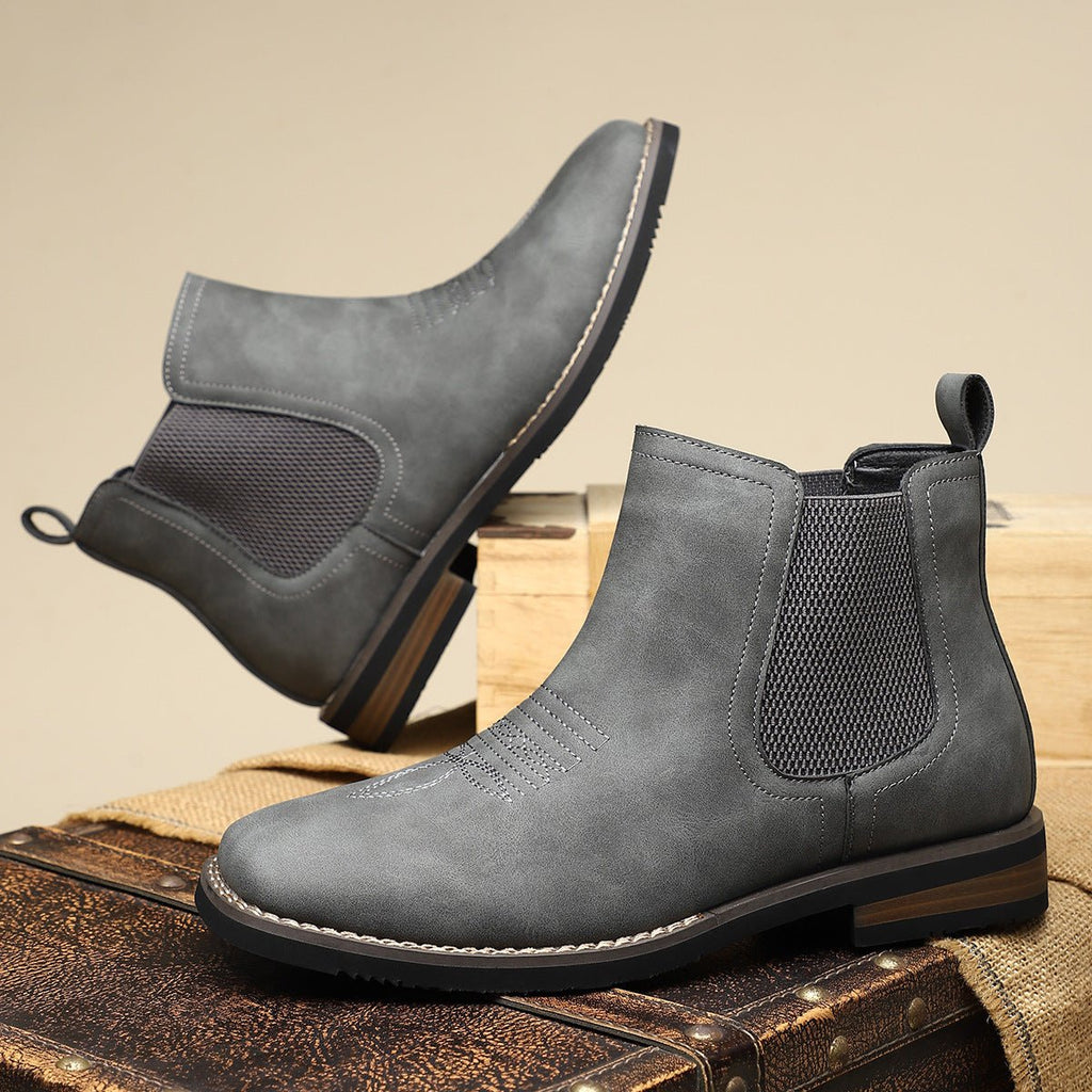 Chestnut Brown Slip-on western stitch faux leather chelsea boots pictured against a plain background