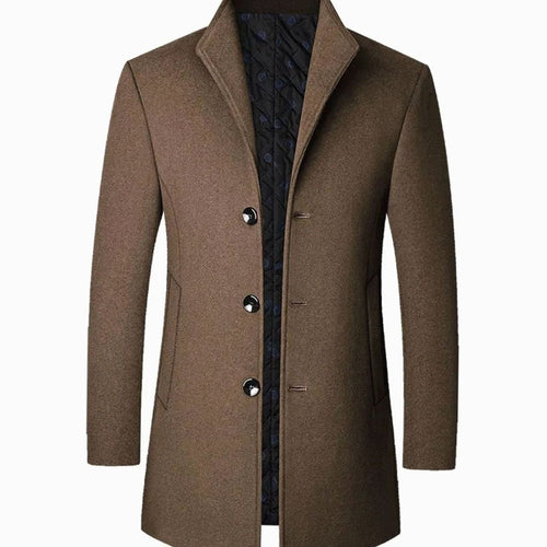 Brown tailored single-breasted overcoat, wool-look style for men