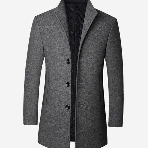 Grey tailored single-breasted overcoat, wool-look style for men