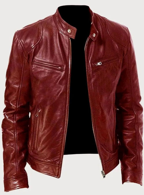 Red faux leather biker jacket with a zip-up front and pockets