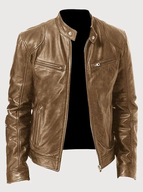 Beige faux leather biker jacket with a zip-up front and pockets