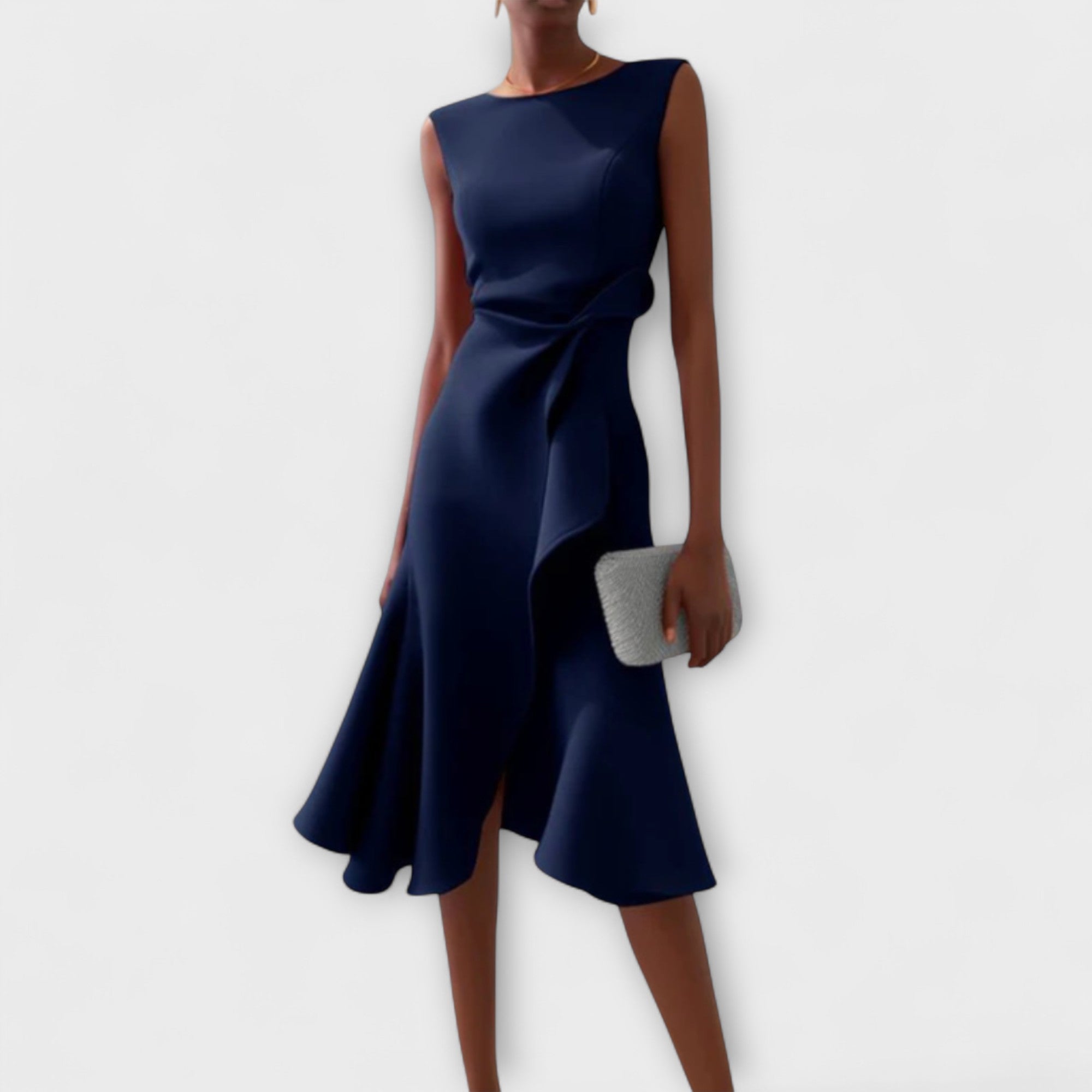 Navy Blue Pleated occasion midi dress for day or evening