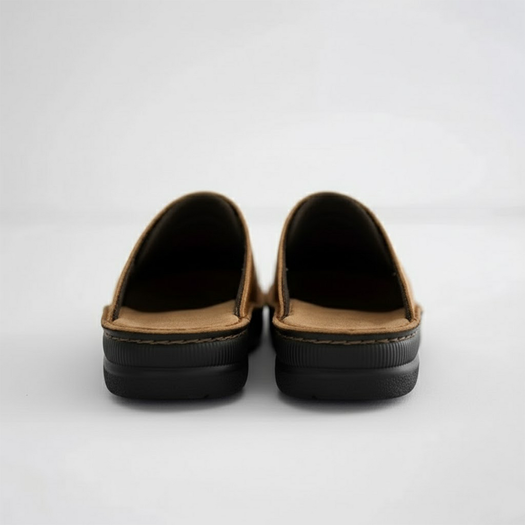Coffee Leather slip-on clogs for easy everyday wear, styled product photo