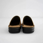 Coffee Leather slip-on clogs for easy everyday wear, styled product photo