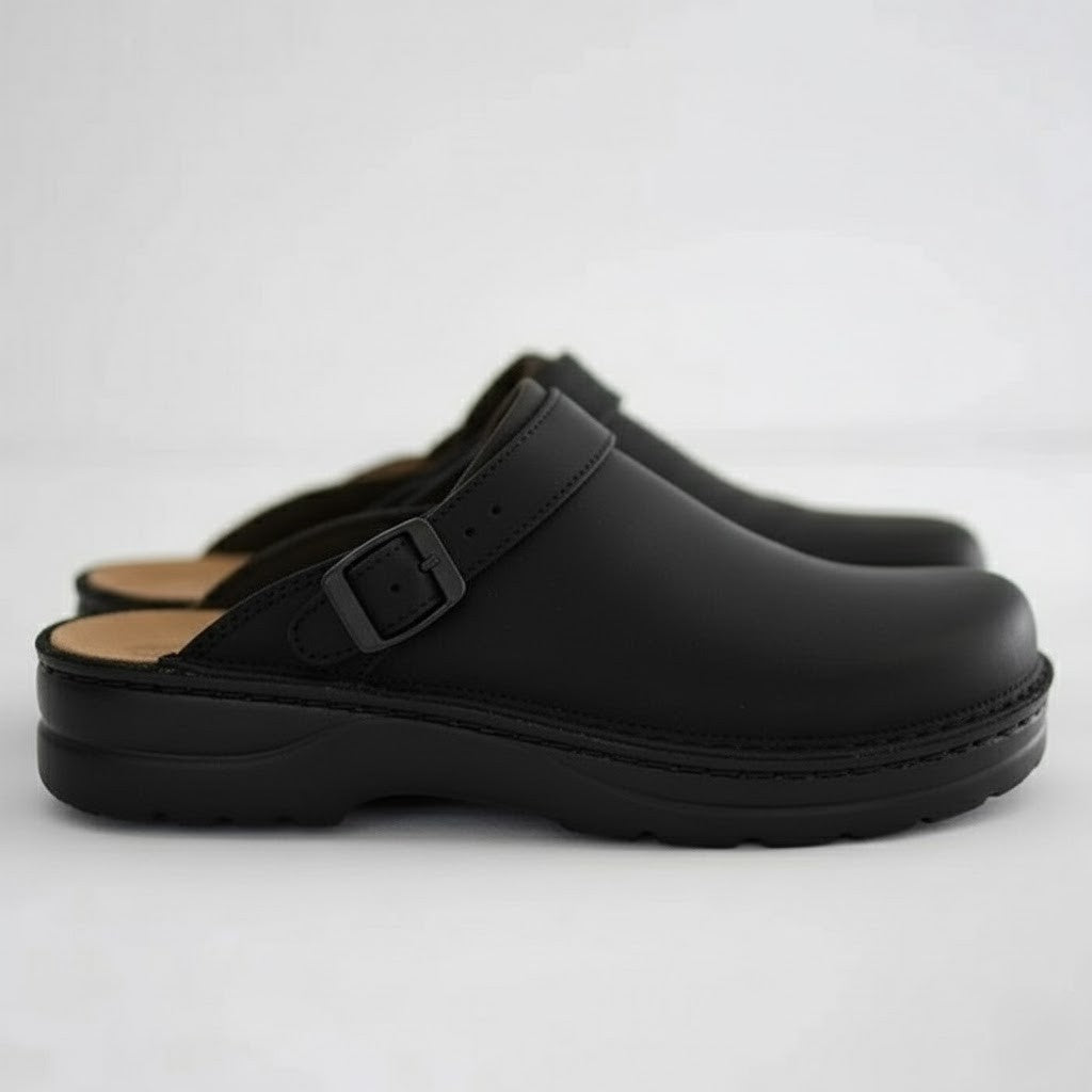 Coffee Leather slip-on clogs for easy everyday wear shown in a product photo