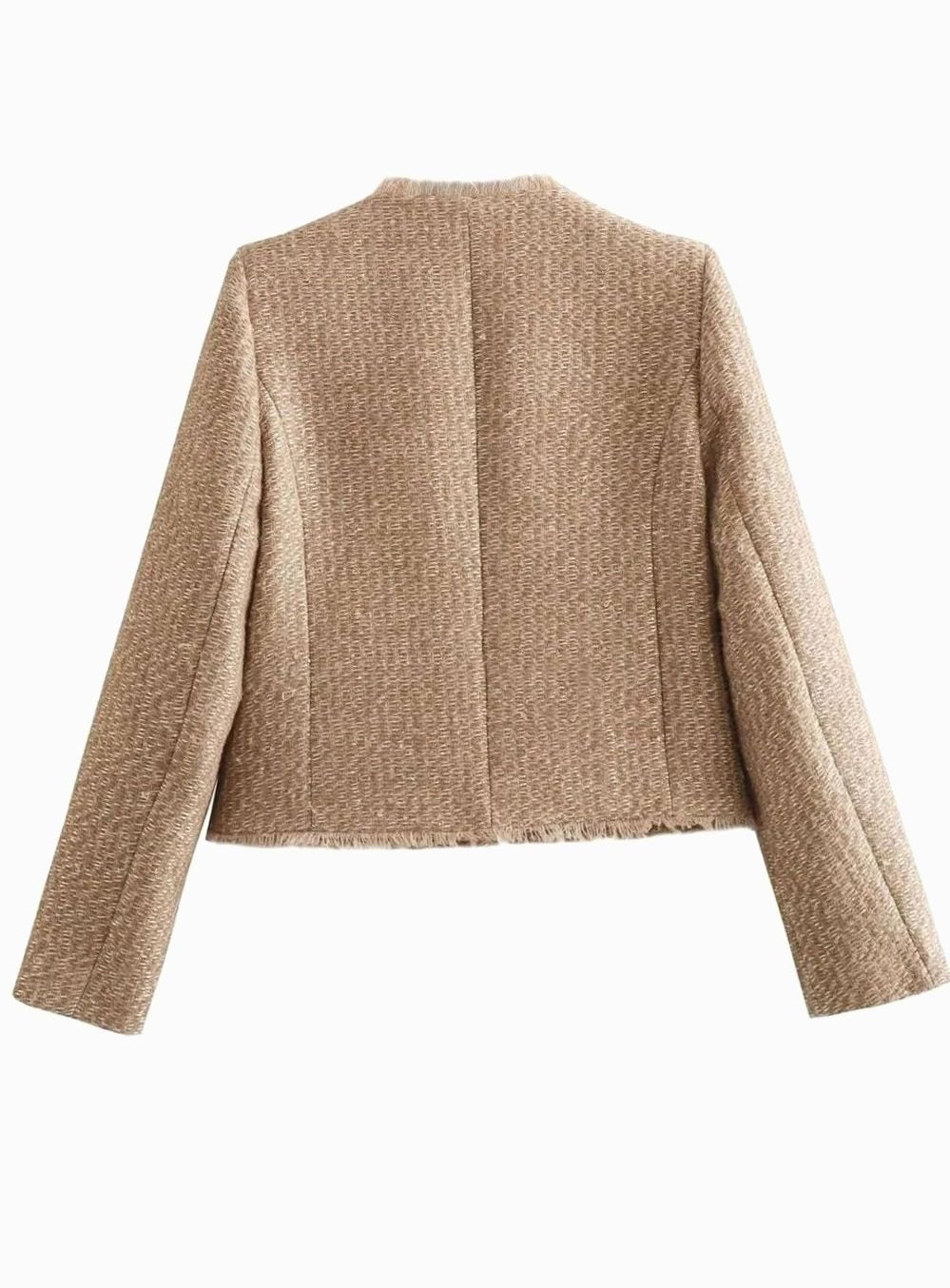 Beige cropped tweed blazer with gold buttons, smart-casual tailored jacket.