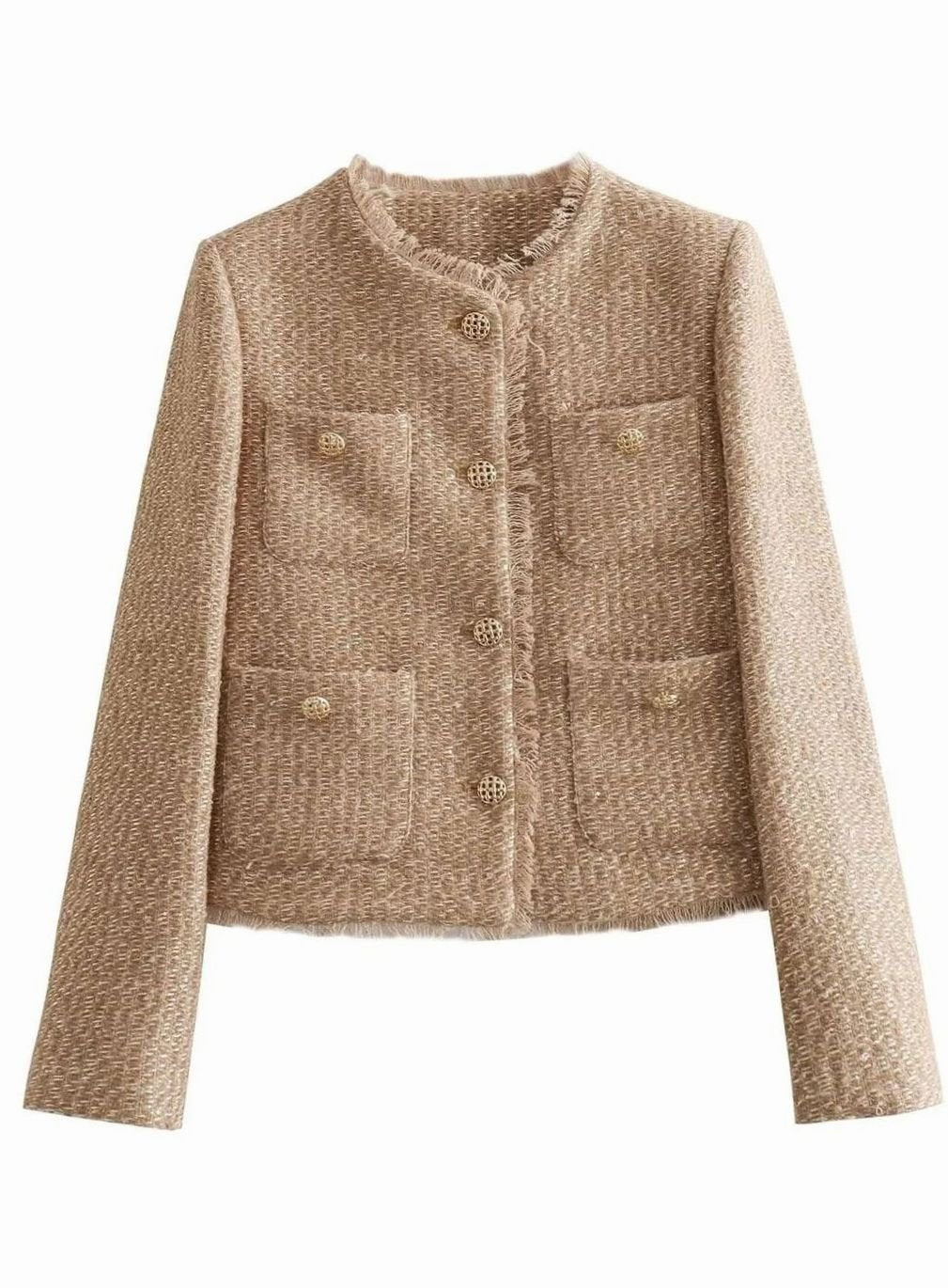 Beige tweed blazer with tailored fit, cropped length and gold button front.