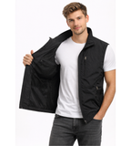 Men's navy blue full-zip sleeveless bodywarmer gilet, lightweight layering piece for autumn.