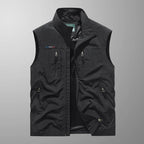 Men's navy blue full-zip sleeveless bodywarmer gilet, lightweight layering piece for autumn.