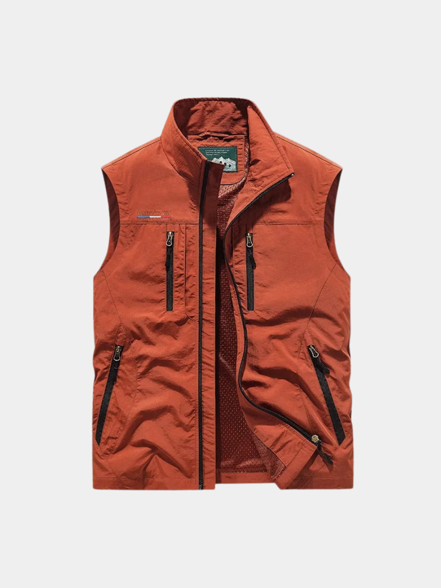 Men's orange breathable cargo gilet with mesh lining for layering
