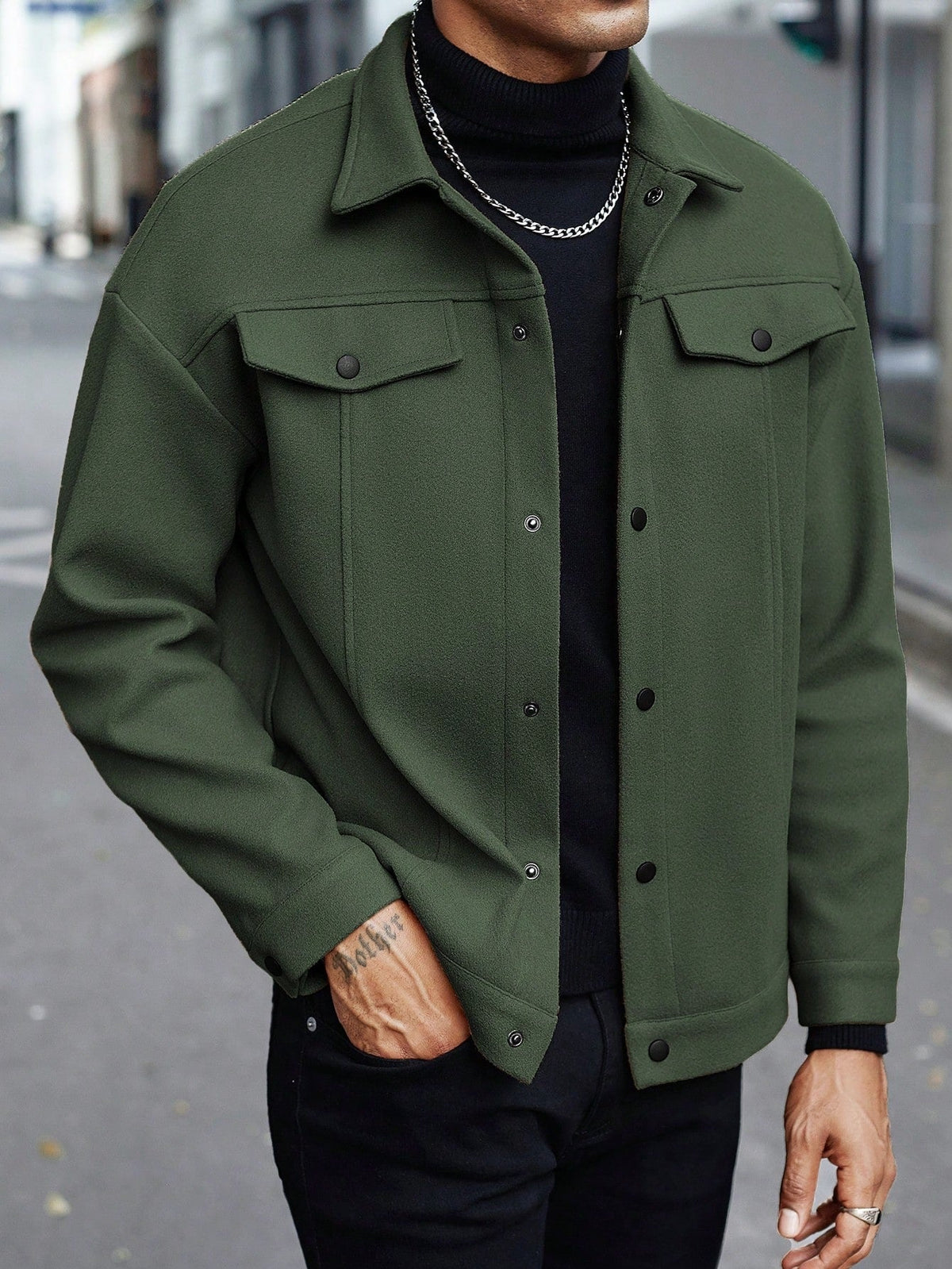 men's grey button-front overshirt with a lapel collar