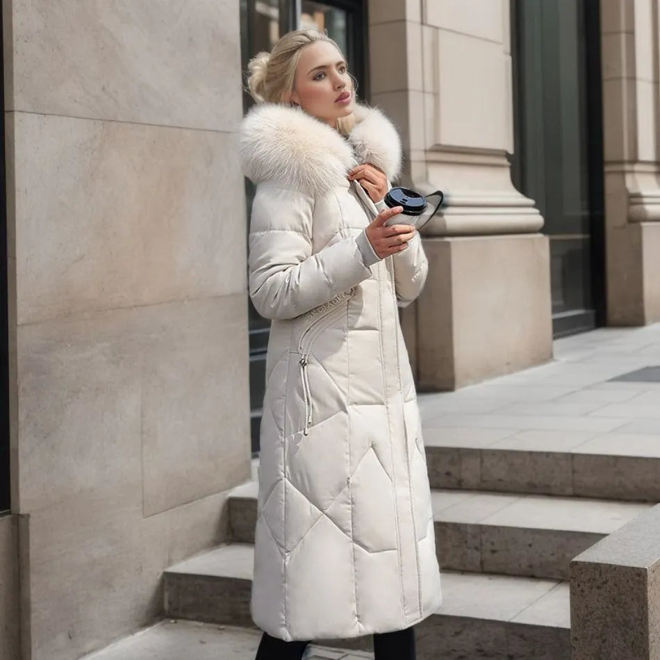 White Hooded puffer coat with trim for cold weather