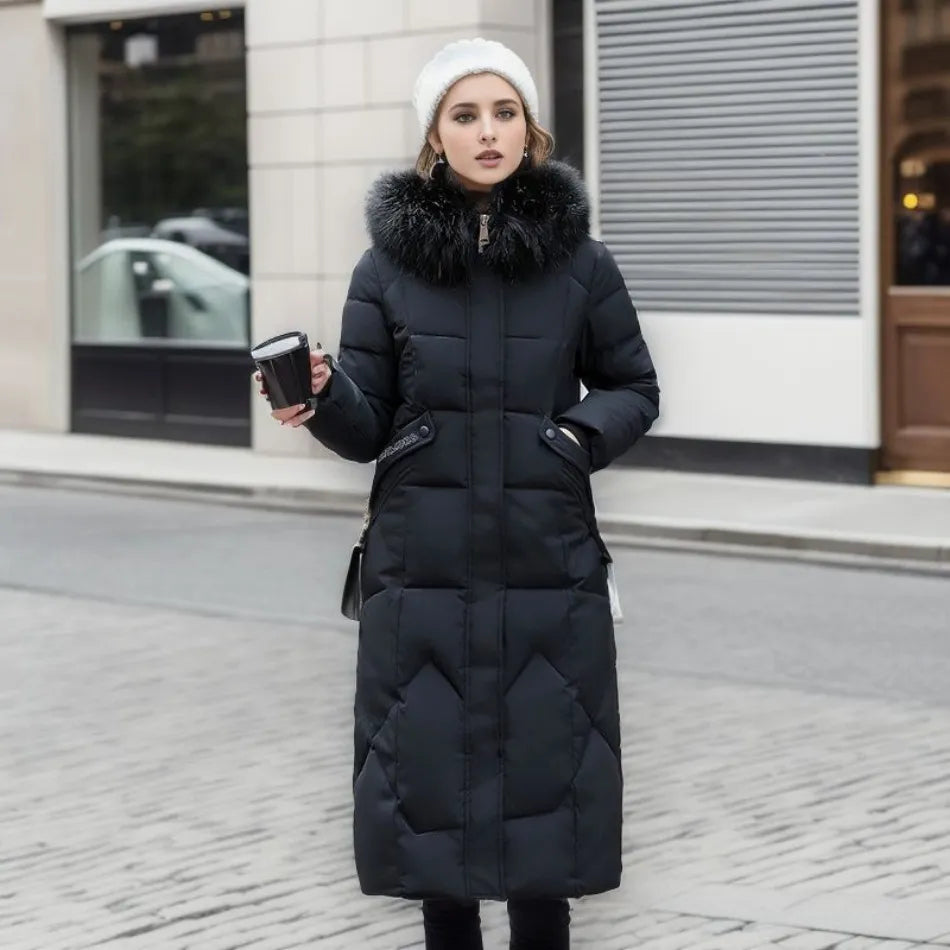 Product photo of the white hooded puffer coat with trim for cold weather