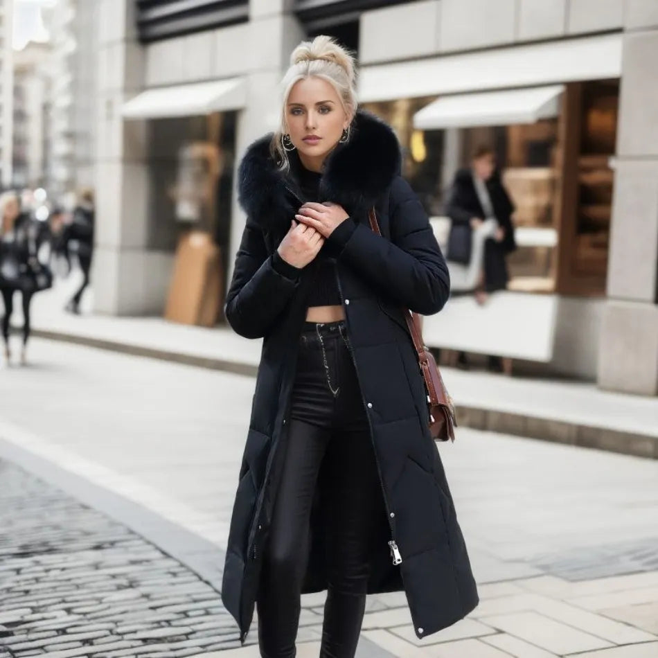 White Hooded puffer coat with trim for cold weather, styled product photo
