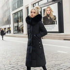 White Hooded puffer coat with trim for cold weather shown in a product photo