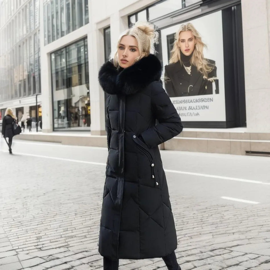 White Hooded puffer coat with trim for cold weather shown in a product photo