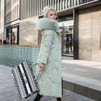 Product photo showing the white hooded puffer coat with trim for cold weather