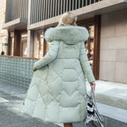 White Hooded puffer coat with trim for cold weather, additional product photo