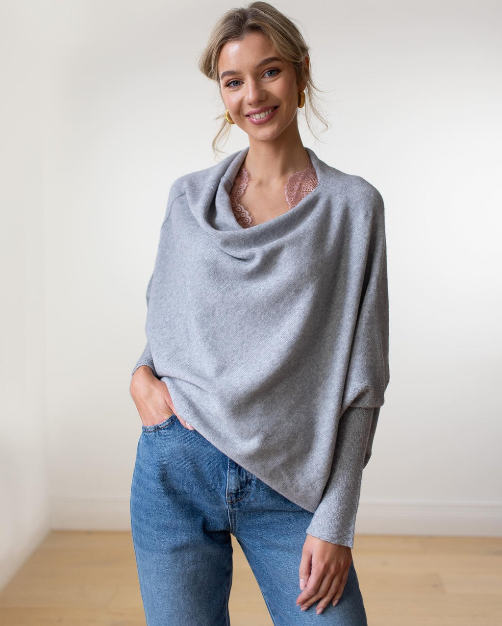 Light Grey Off-shoulder oversized jumper for cosy layering, product photo