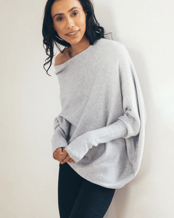 Light Grey Off-shoulder oversized jumper for cosy layering shown in a product photo