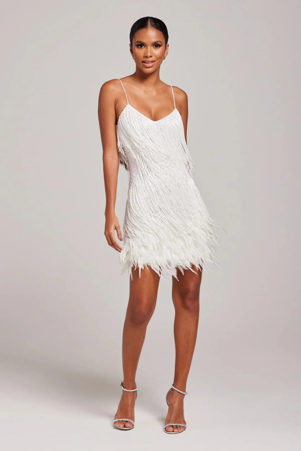 Product photo of the white feather mini dress for evening occasions