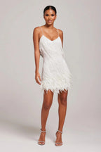 Product photo of the white feather mini dress for evening occasions